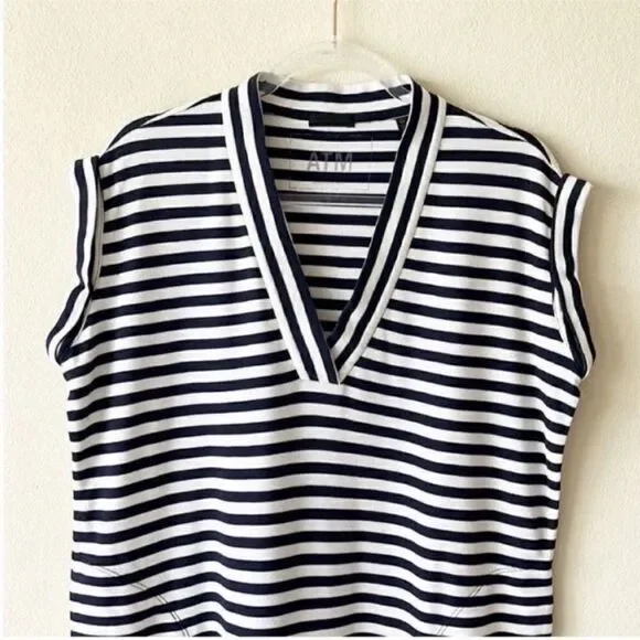 ATM Anthony Thomas Melillo V Neck Navy Striped Shift Dress - Picture 4 of 9